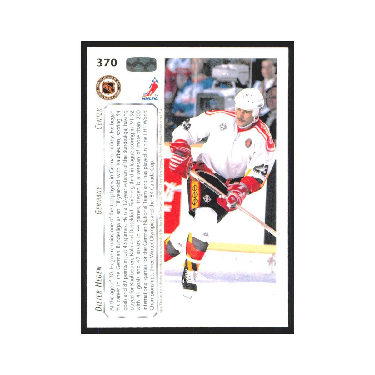 Dieter Hegen 1992 Upper Deck #370 Germany Hockey Card NM