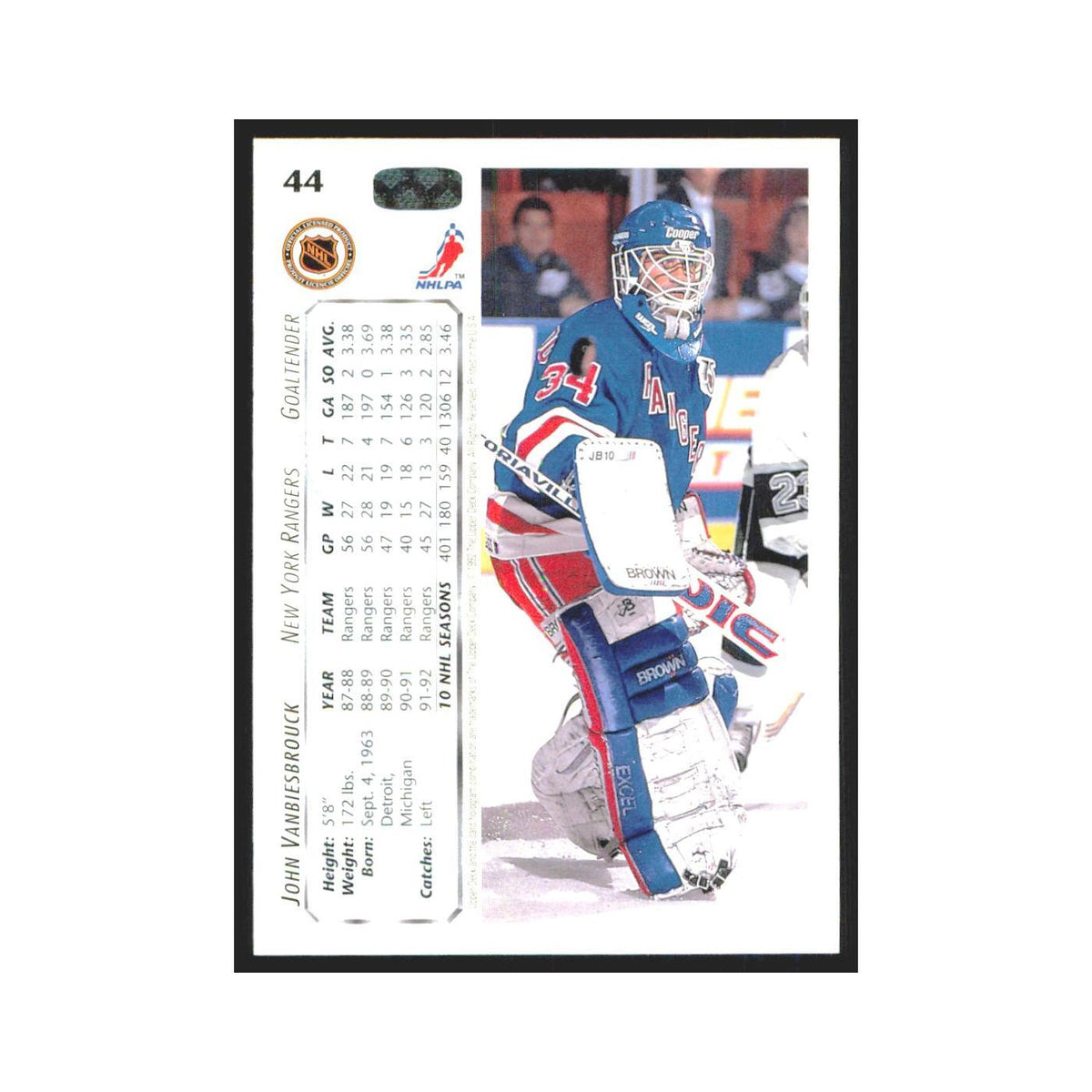 John Vanbiesbrouck 1992 Upper Deck #44 New York Rangers Hockey Card NM