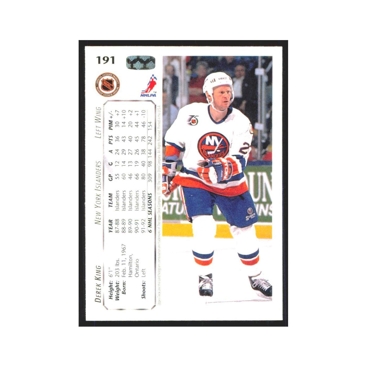 Derek King 1992 Upper Deck #191 New York Islanders Hockey Card NM
