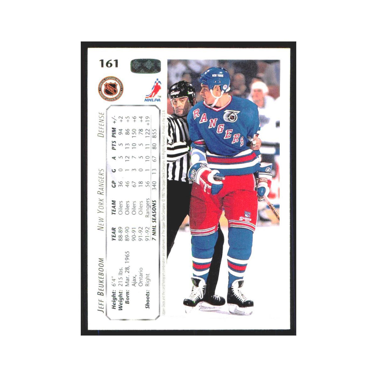 Jeff Beukeboom 1992 Upper Deck #161 New York Rangers Hockey Card NM