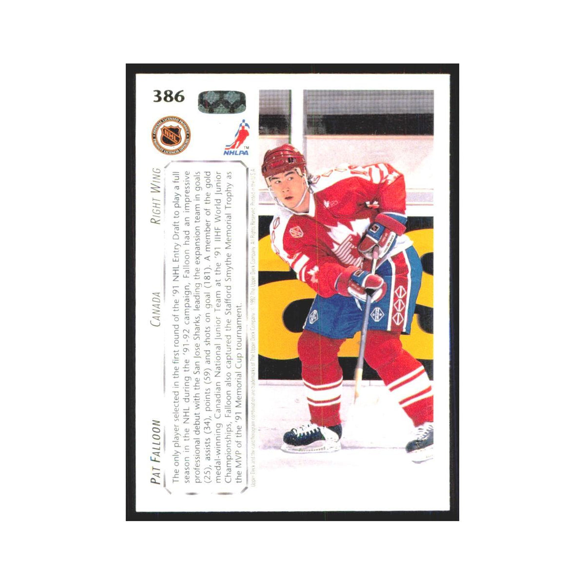 Pat Falloon 1992 Upper Deck #386 Canada Hockey Card NM