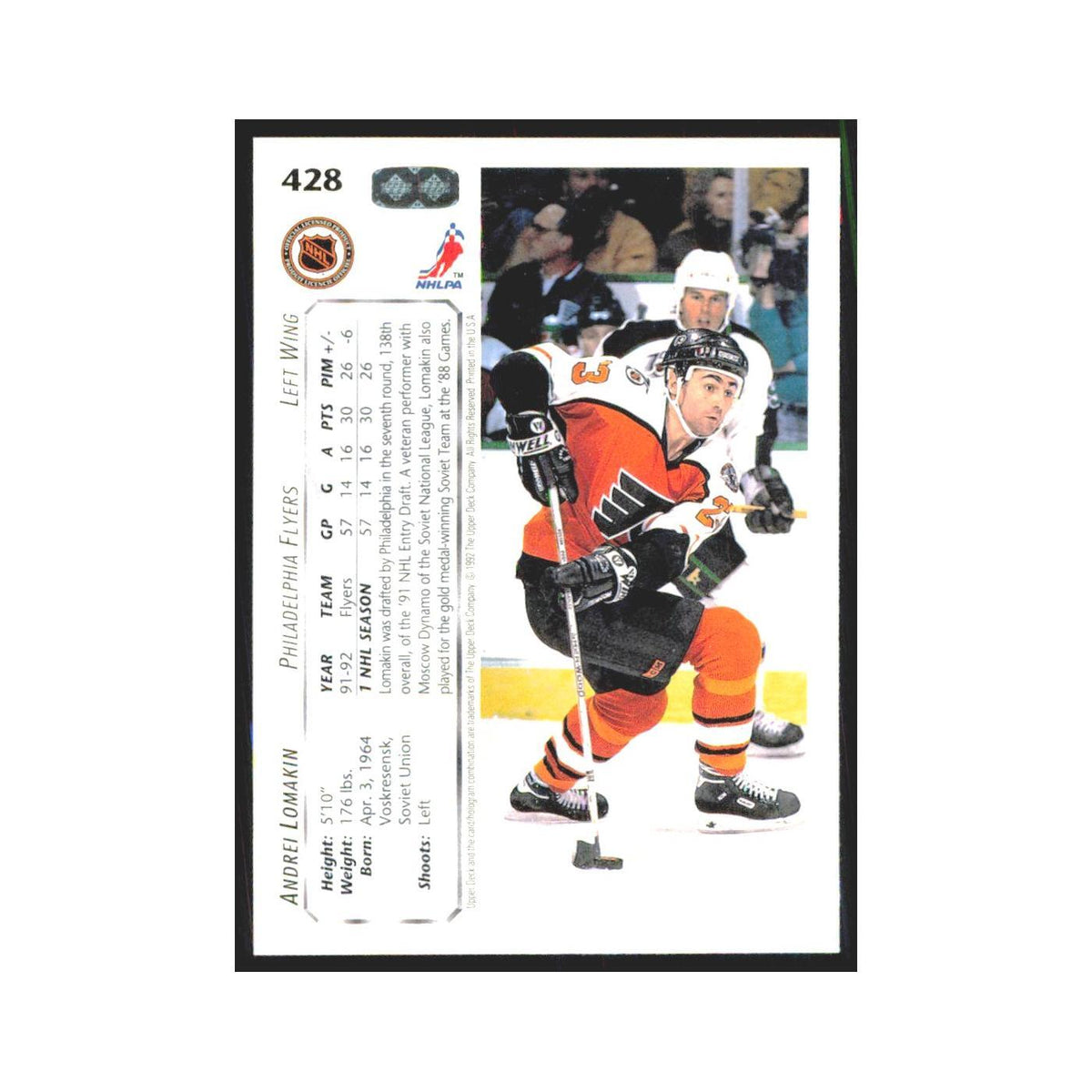 Andrei Lomakin 1992 Upper Deck #428 Philadelphia Flyers Hockey Card NM