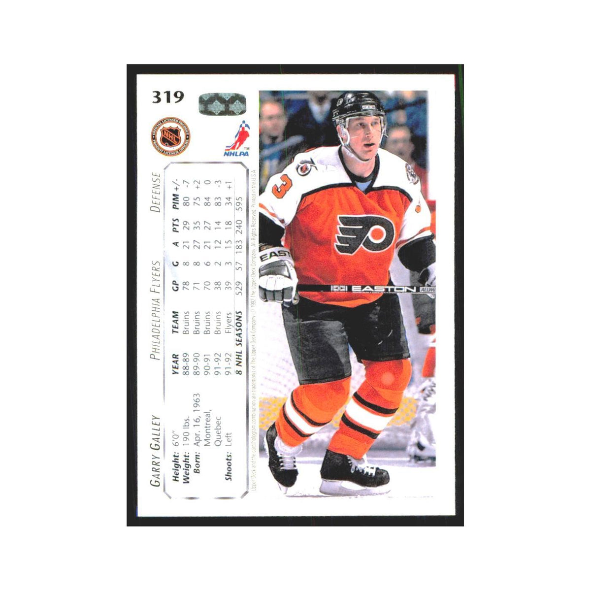 Garry Galley 1992 Upper Deck #319 Philadelphia Flyers Hockey Card NM