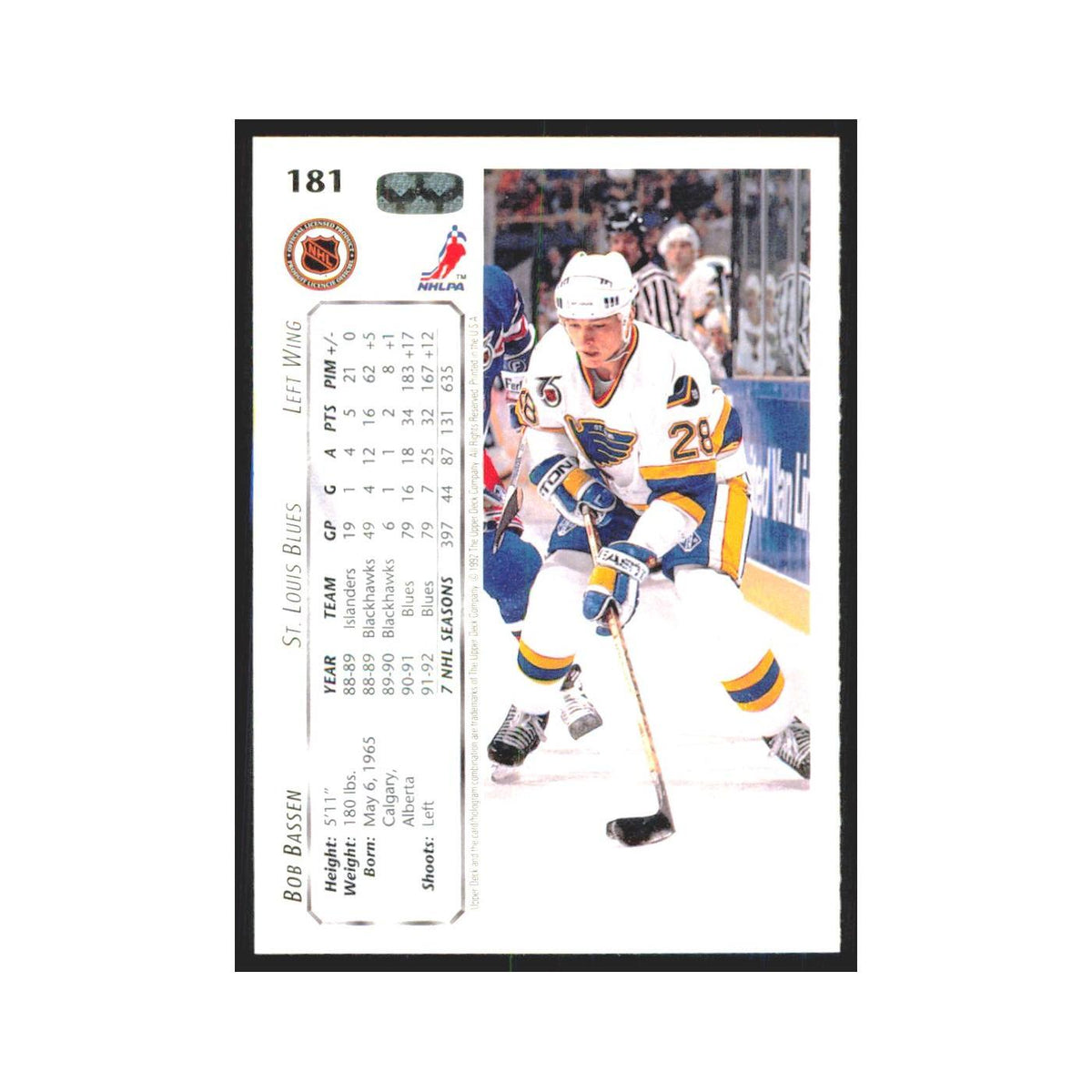 Bob Bassen 1992 Upper Deck #181 St. Louis Blues Hockey Card NM