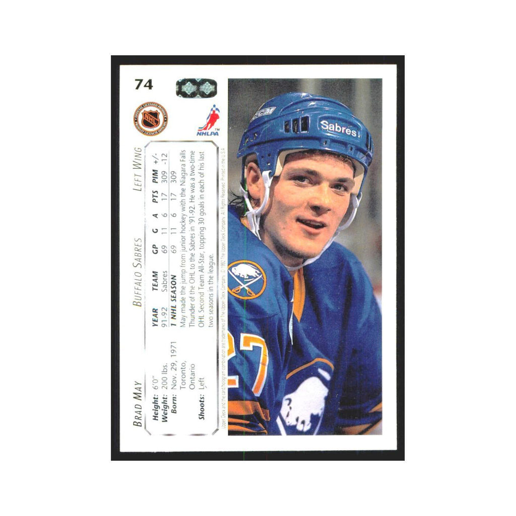 Brad May 1992 Upper Deck #74 Buffalo Sabres Hockey Card NM
