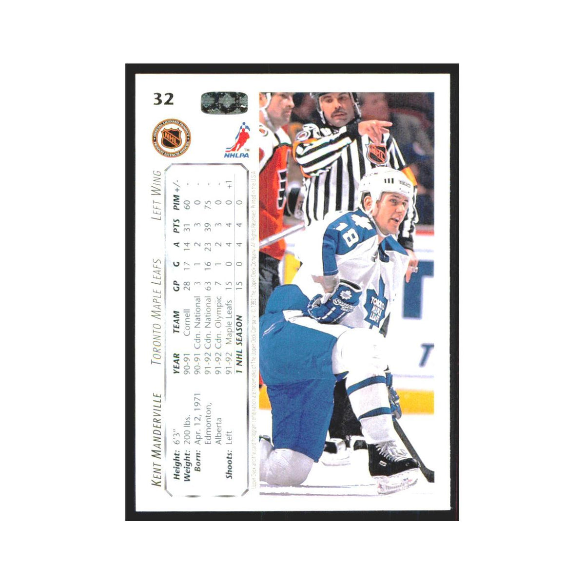 Kent Manderville 1992 Upper Deck #32 Toronto Maple Leafs Hockey Card NM