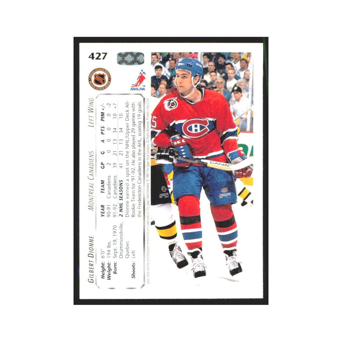 Gilbert Dionne 1992 Upper Deck #427 Montreal Canadiens Hockey Card NM