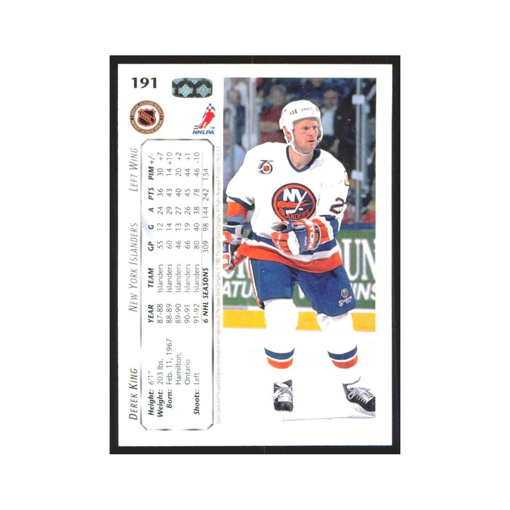 Derek King 1992 Upper Deck #191 New York Islanders Hockey Card NM