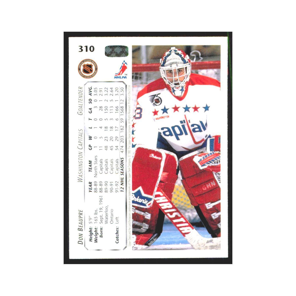 Don Beaupre 1992 Upper Deck #310 Washington Capitals Hockey Card NM