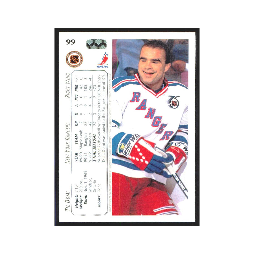 Tie Domi 1992 Upper Deck #99 New York Rangers Hockey Card NM