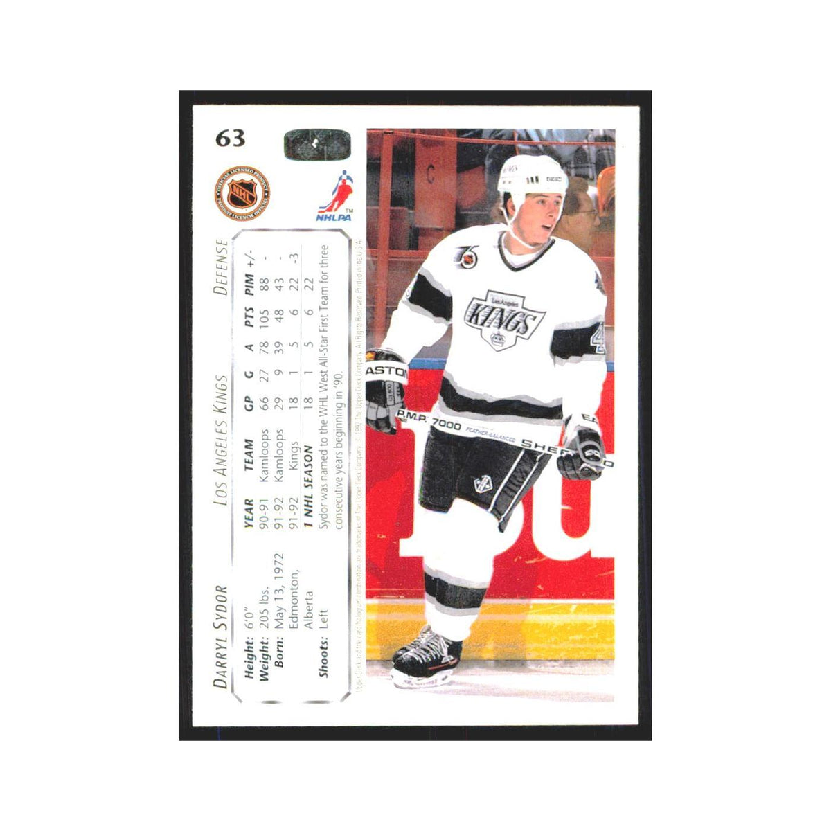 Darryl Sydor 1992 Upper Deck #63 Los Angeles Kings Hockey Card NM