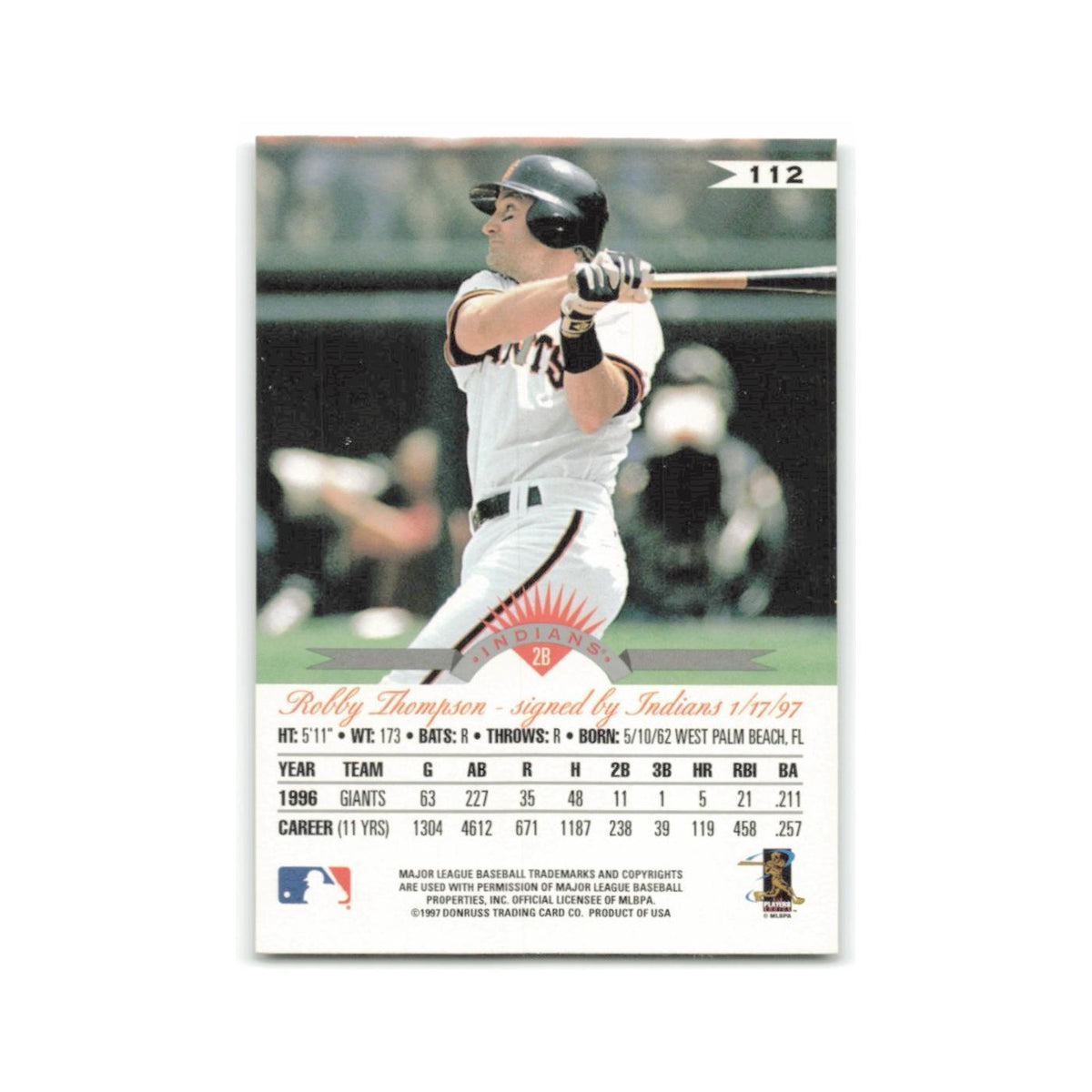 Robby Thompson 1997 Leaf #112 Cleveland Indians Baseball Card NM