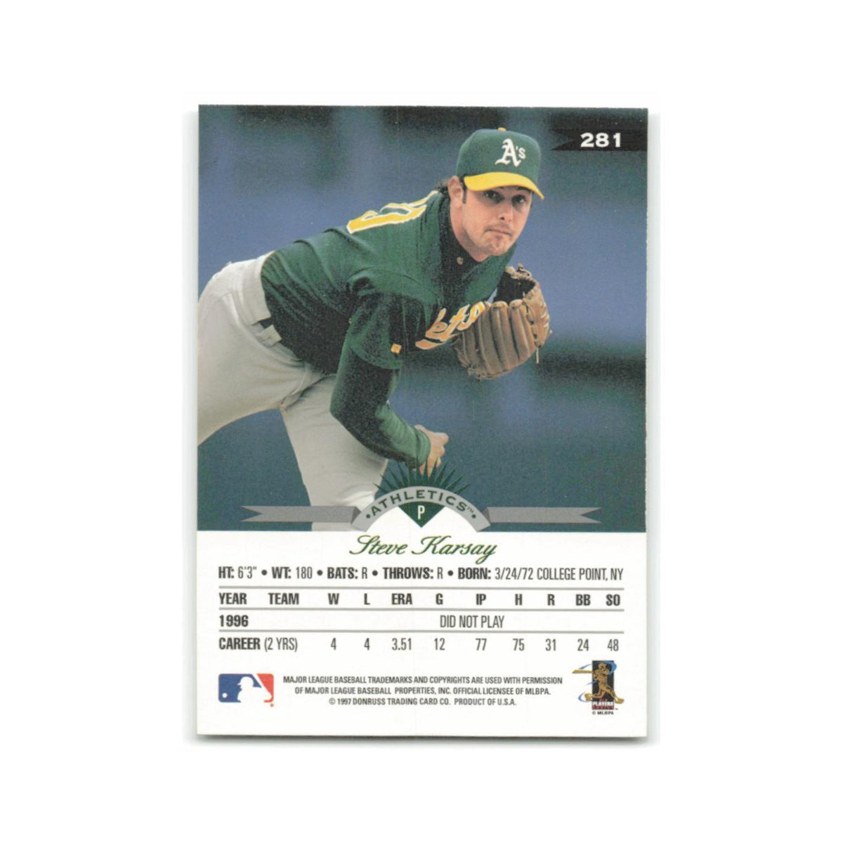Steve Karsay 1997 Leaf #281 Oakland Athletics Baseball Card NM
