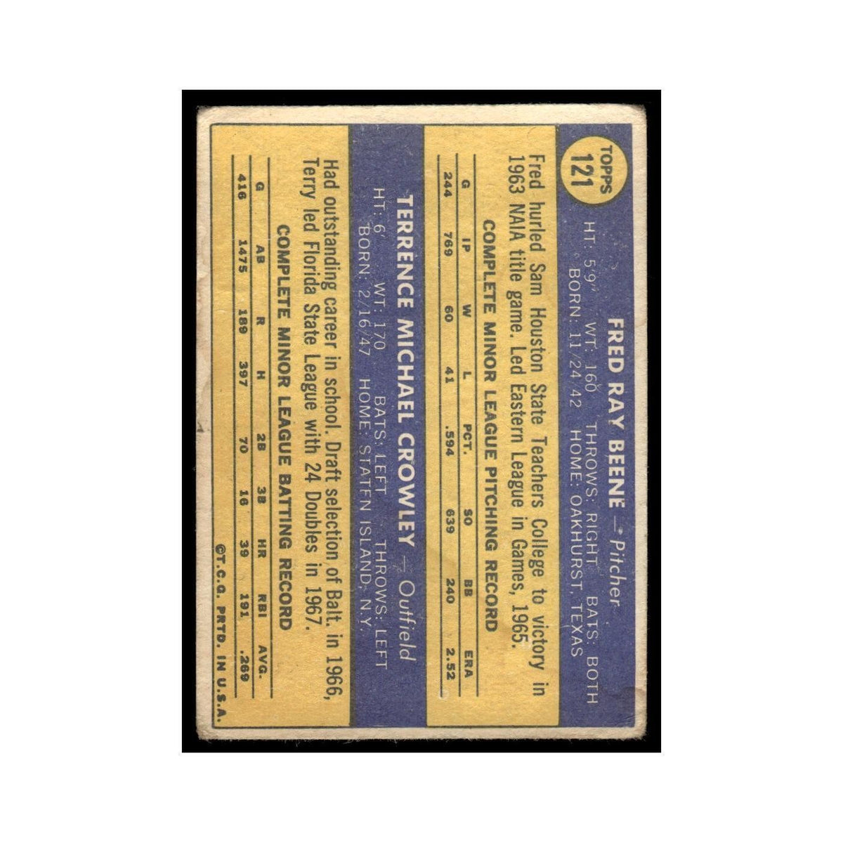1970 Topps (Damaged) Fred Beene/Terry Crowley RC Orioles #121