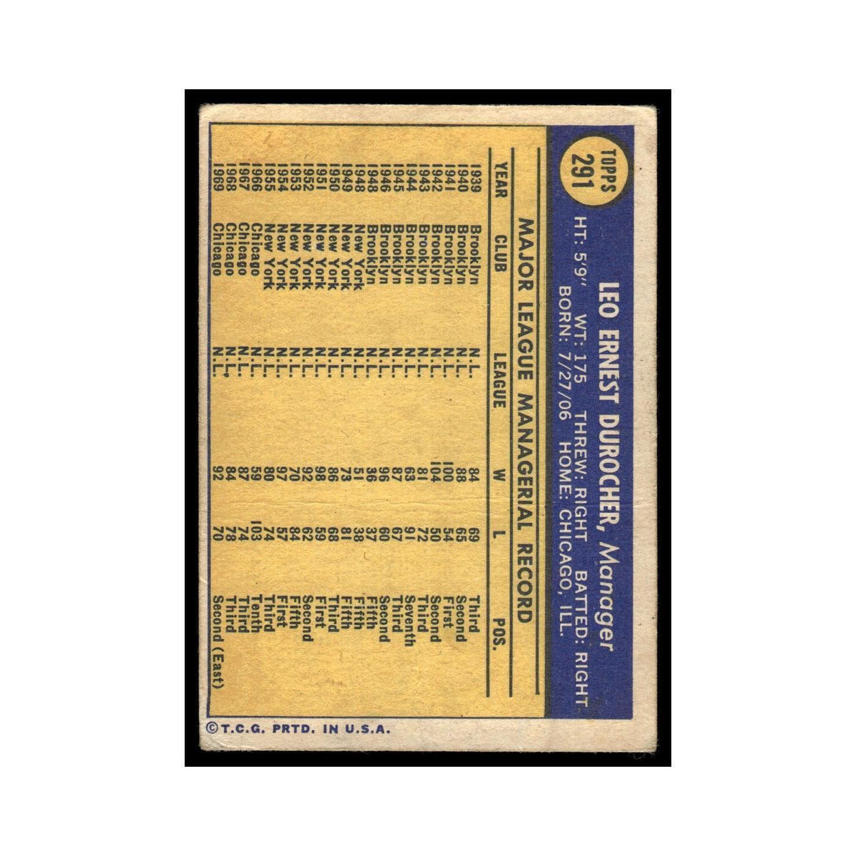 1970 Topps (Damaged) Leo Durocher Cubs #291