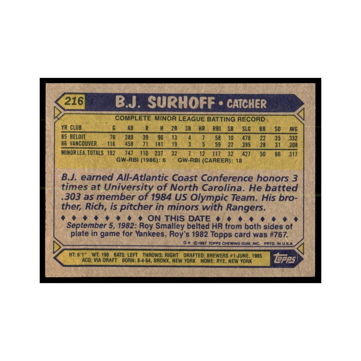 1987 Topps B.J. Surhoff Baseball Cards #216