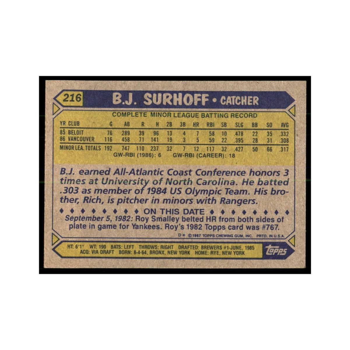 1987 Topps B.J. Surhoff Baseball Cards #216