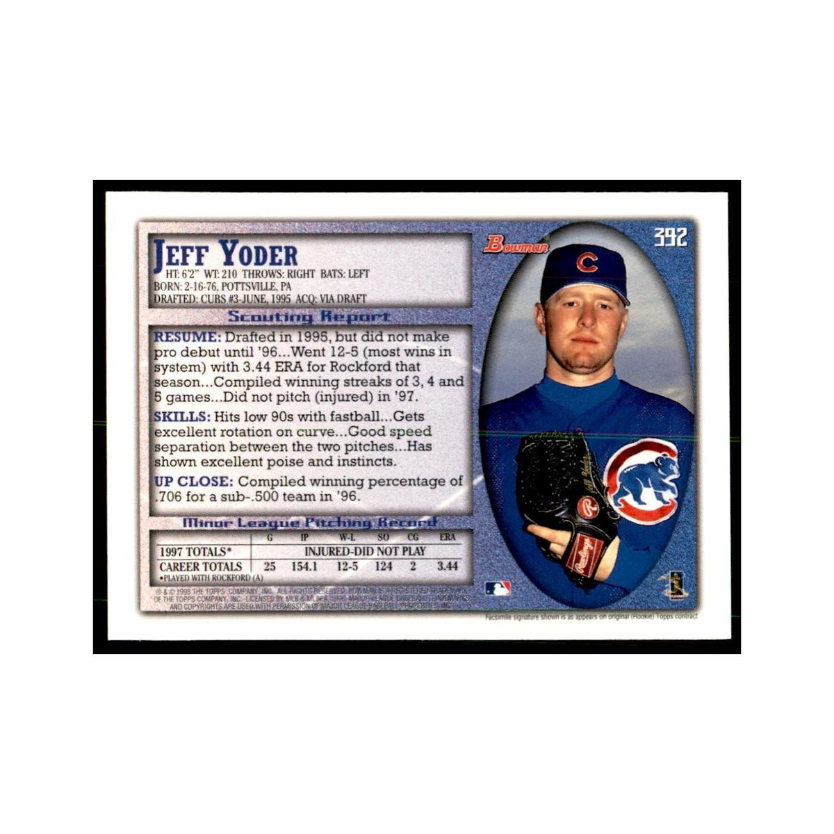 1998 Bowman Jeff Yoder Baseball Cards #392