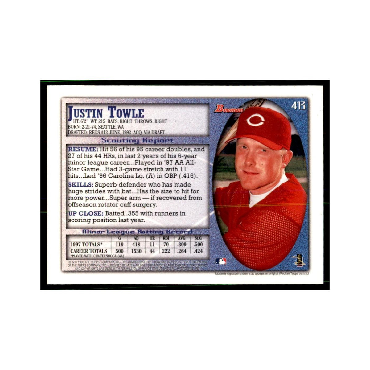 1998 Bowman Justin Towle Baseball Cards #413