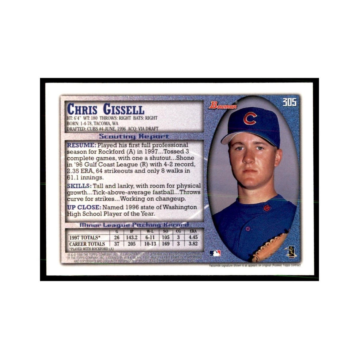 1998 Bowman Chris Gissell Baseball Cards #305