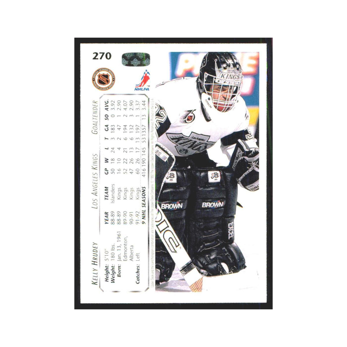 Kelly Hrudey 1992 Upper Deck #270 Los Angeles Kings Hockey Card NM
