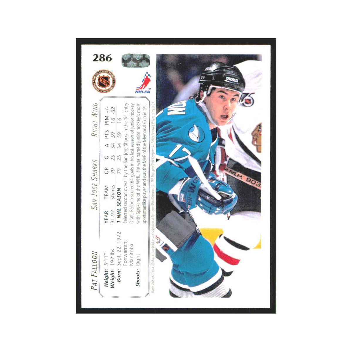 Pat Falloon 1992 Upper Deck #286 San Jose Sharks Hockey Card NM
