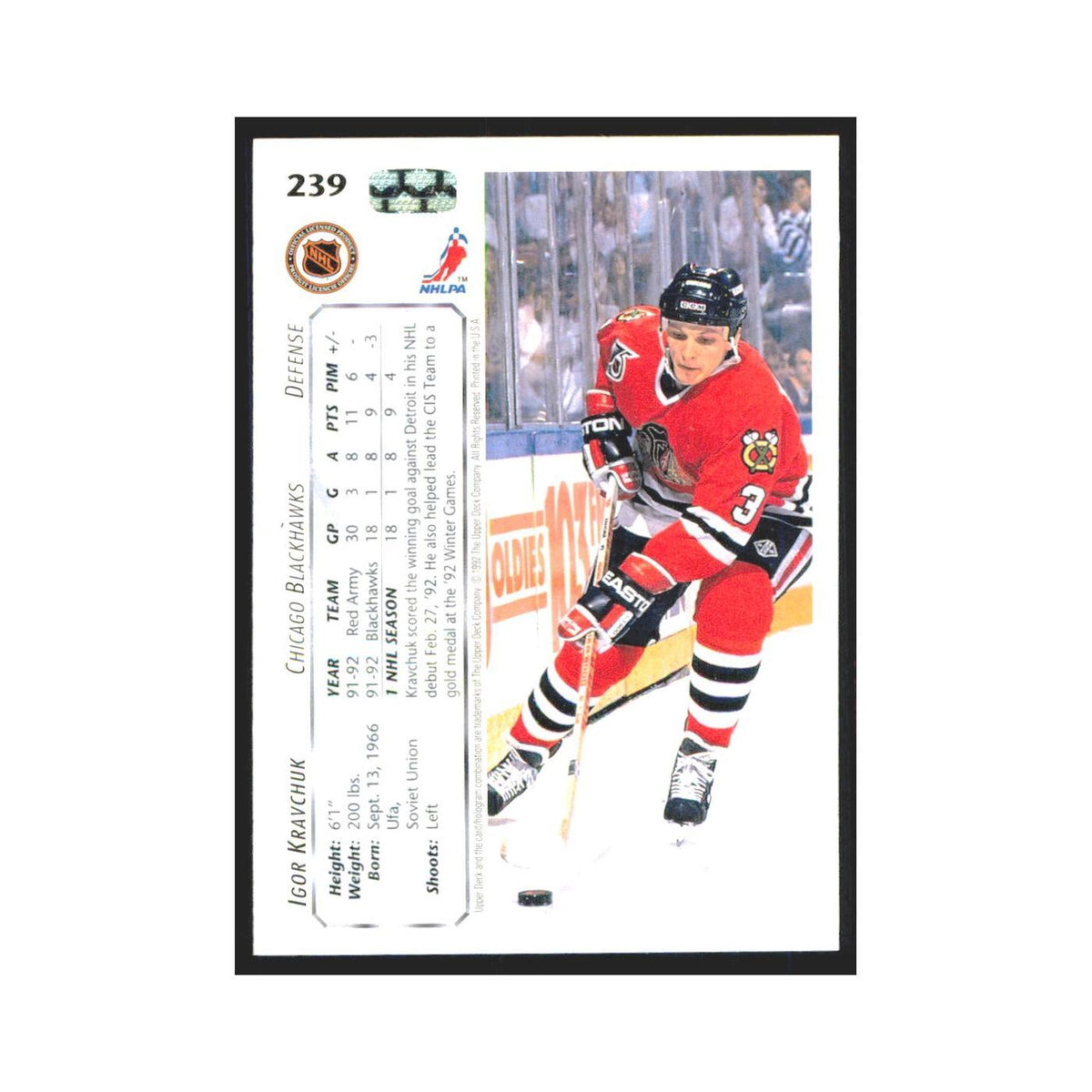 Igor Kravchuk 1992 Upper Deck #239 Chicago Blackhawks Hockey Card NM