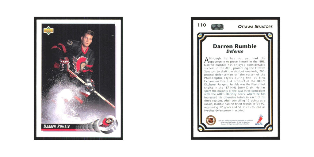 Darren Rumble 1992 Upper Deck #110 Ottawa Senators Hockey Card NM