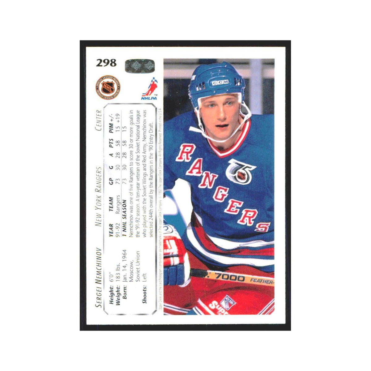 Sergei Nemchinov 1992 Upper Deck #298 New York Rangers Hockey Card NM