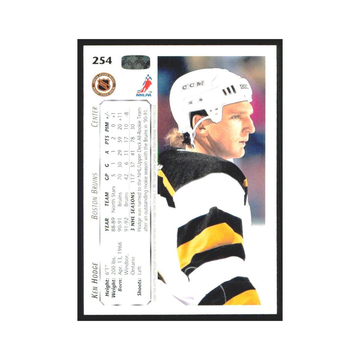Ken Hodge 1992 Upper Deck #254 Boston Bruins Hockey Card NM