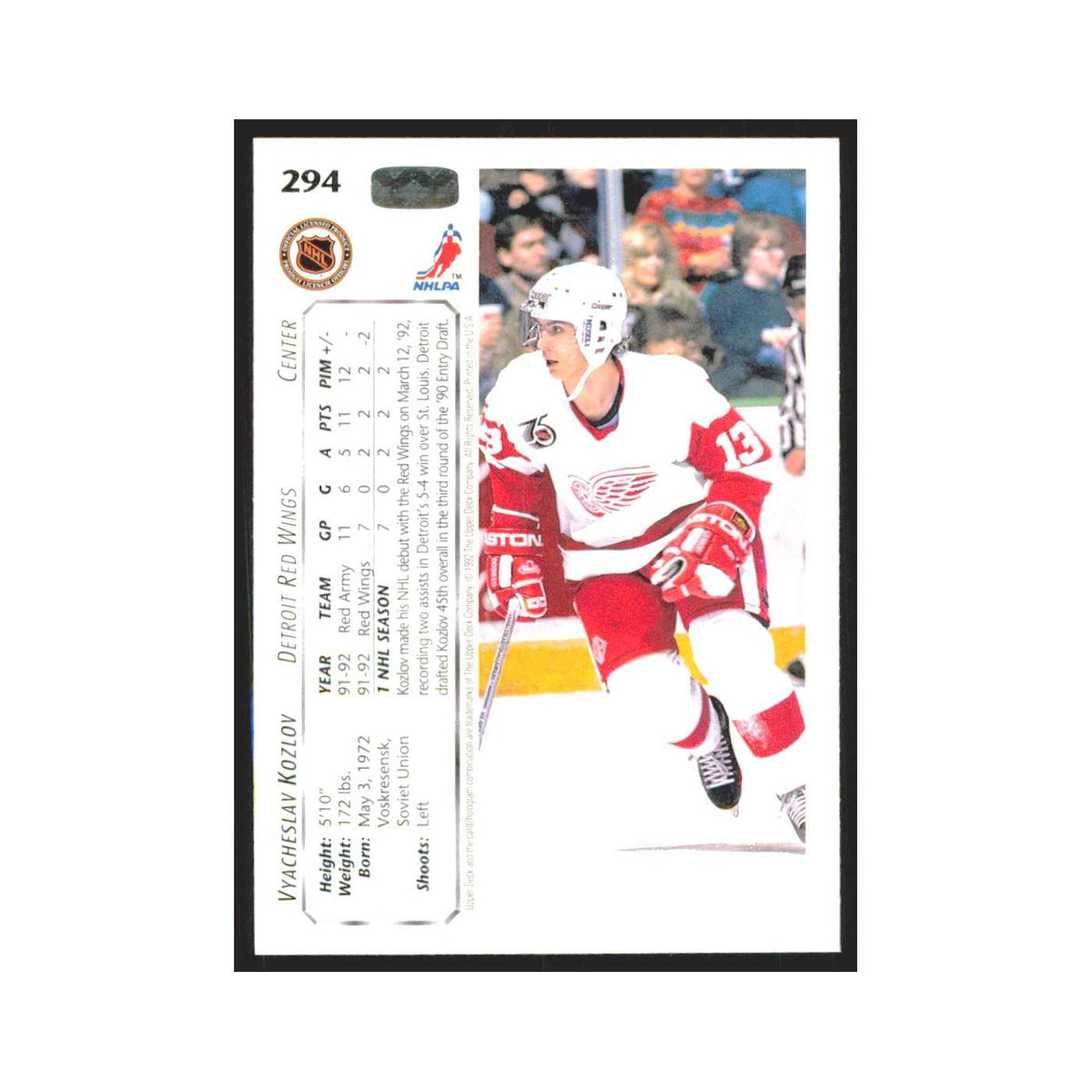 Vyacheslav Kozlov 1992 Upper Deck #294 Detroit Red Wings Hockey Card NM