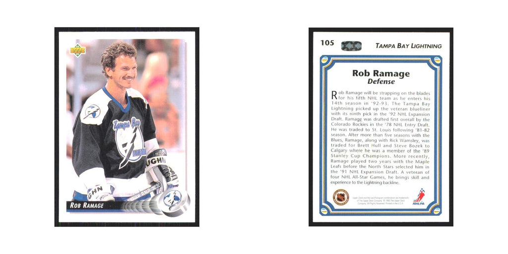 Rob Ramage 1992 Upper Deck #105 Tampa Bay Lightning Hockey Card NM