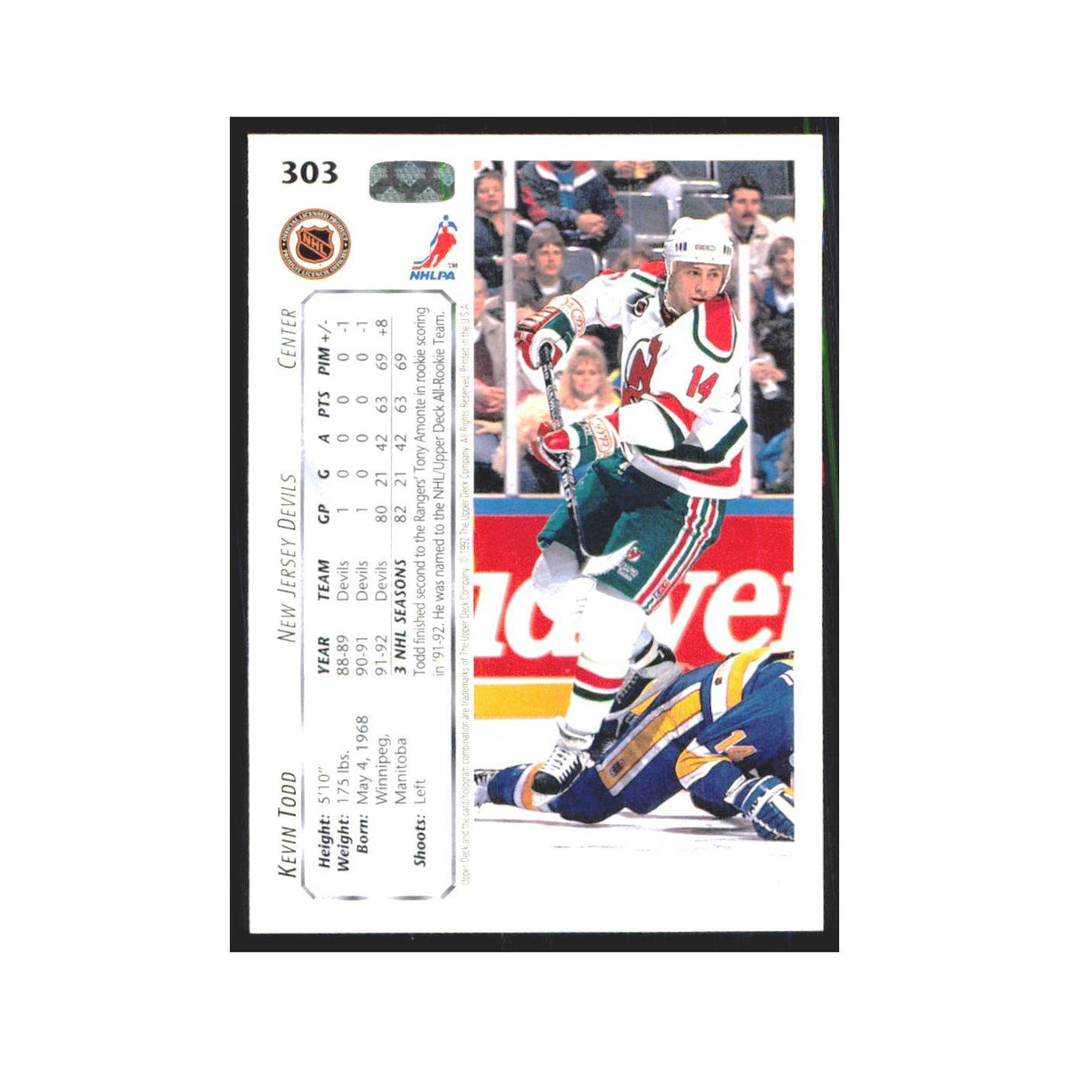 Kevin Todd 1992 Upper Deck #303 New Jersey Devils Hockey Card NM