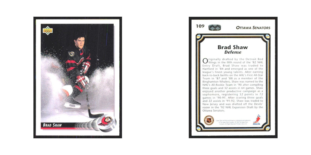 Brad Shaw 1992 Upper Deck #109 Ottawa Senators Hockey Card NM