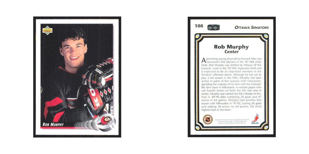 Rob Murphy 1992 Upper Deck #108 Ottawa Senators Hockey Card NM