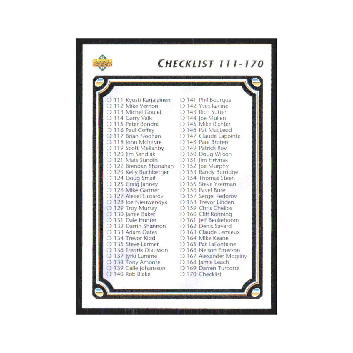 Checklist 111-220 1992 Upper Deck #170 Hockey Card NM