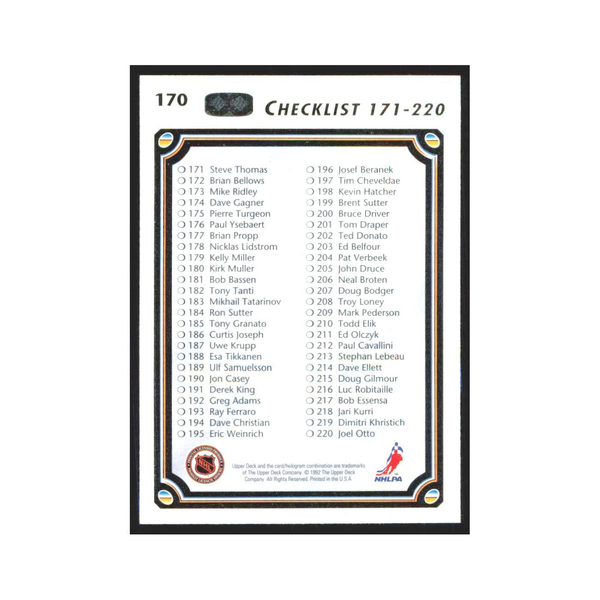 Checklist 111-220 1992 Upper Deck #170 Hockey Card NM