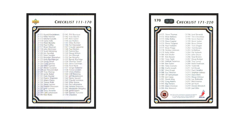 Checklist 111-220 1992 Upper Deck #170 Hockey Card NM