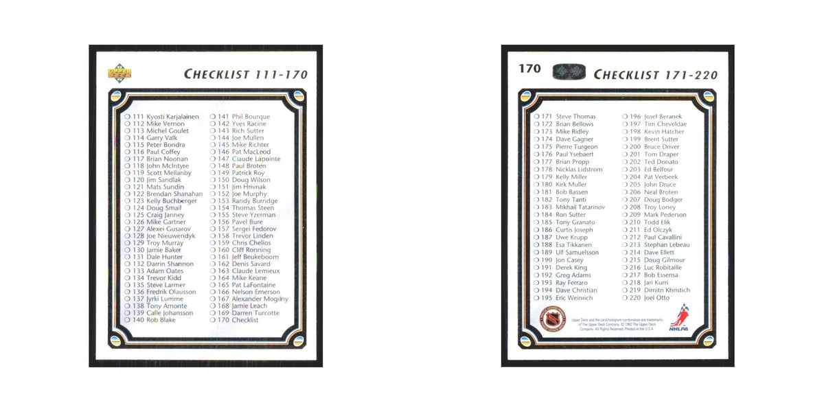 Checklist 111-220 1992 Upper Deck #170 Hockey Card NM