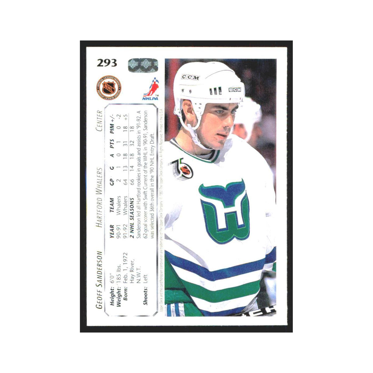 Geoff Sanderson 1992 Upper Deck #293 Hartford Whalers Hockey Card NM