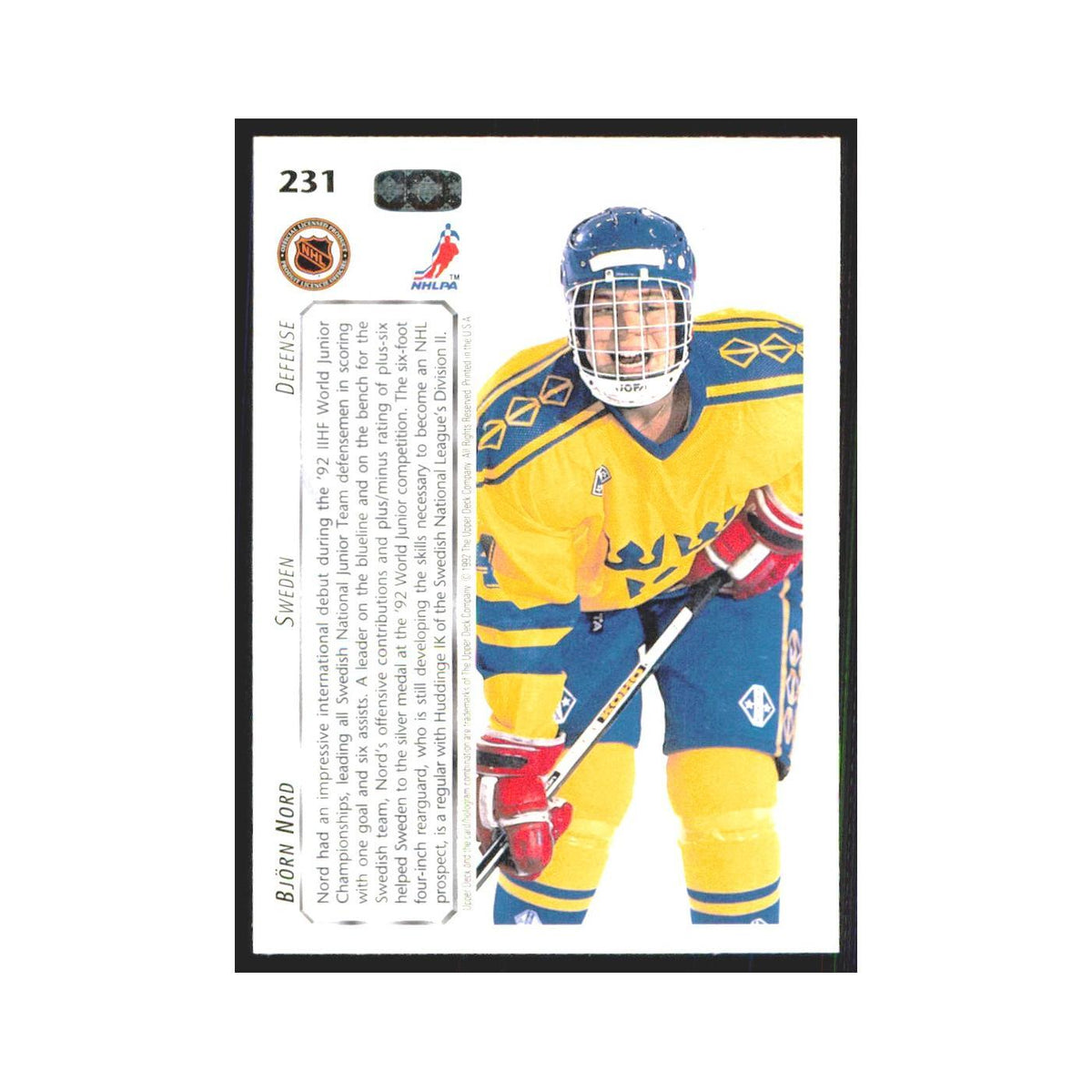 Bjorn Nord 1992 Upper Deck #231 Sweden Hockey Card NM