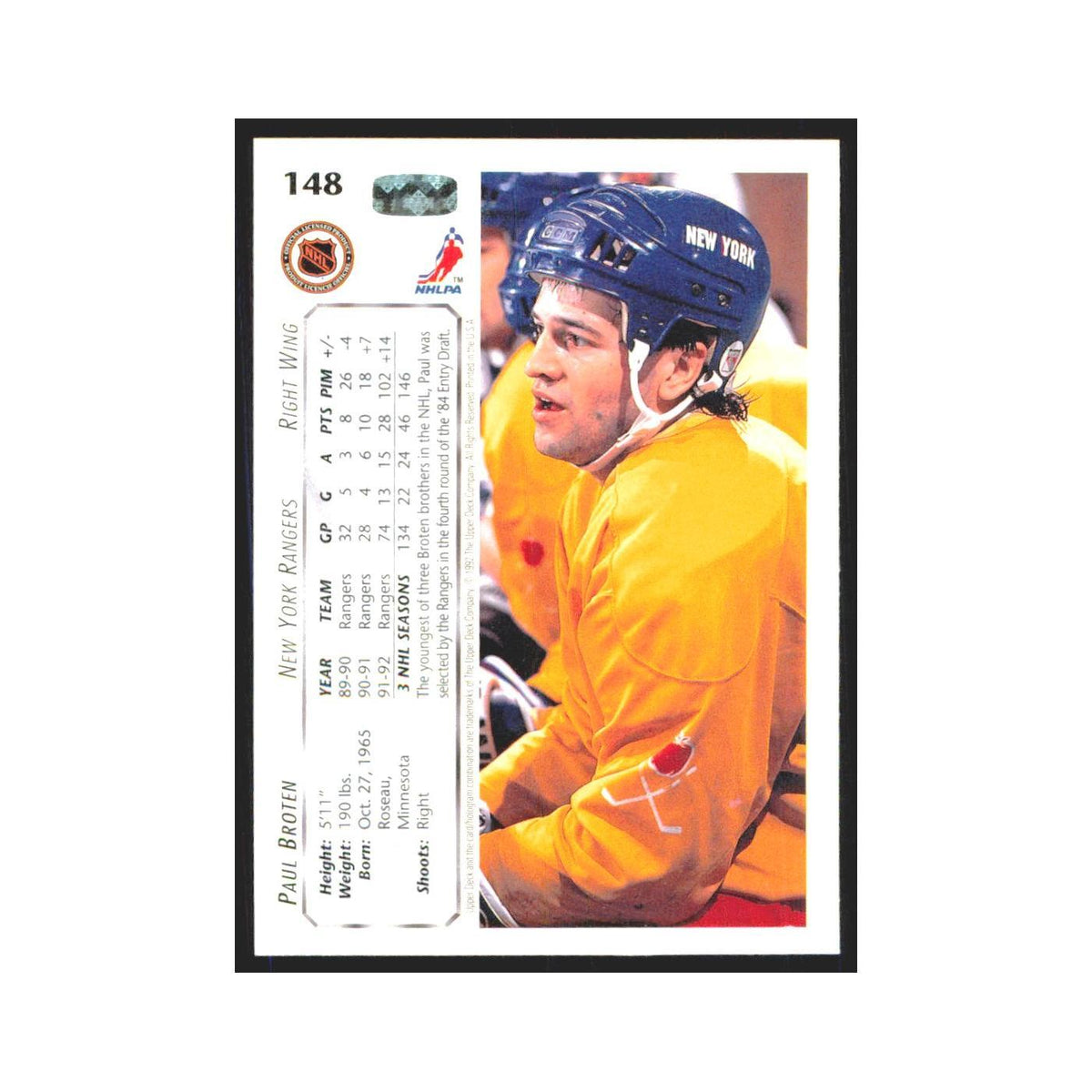 Paul Broten 1992 Upper Deck #148 New York Rangers Hockey Card NM