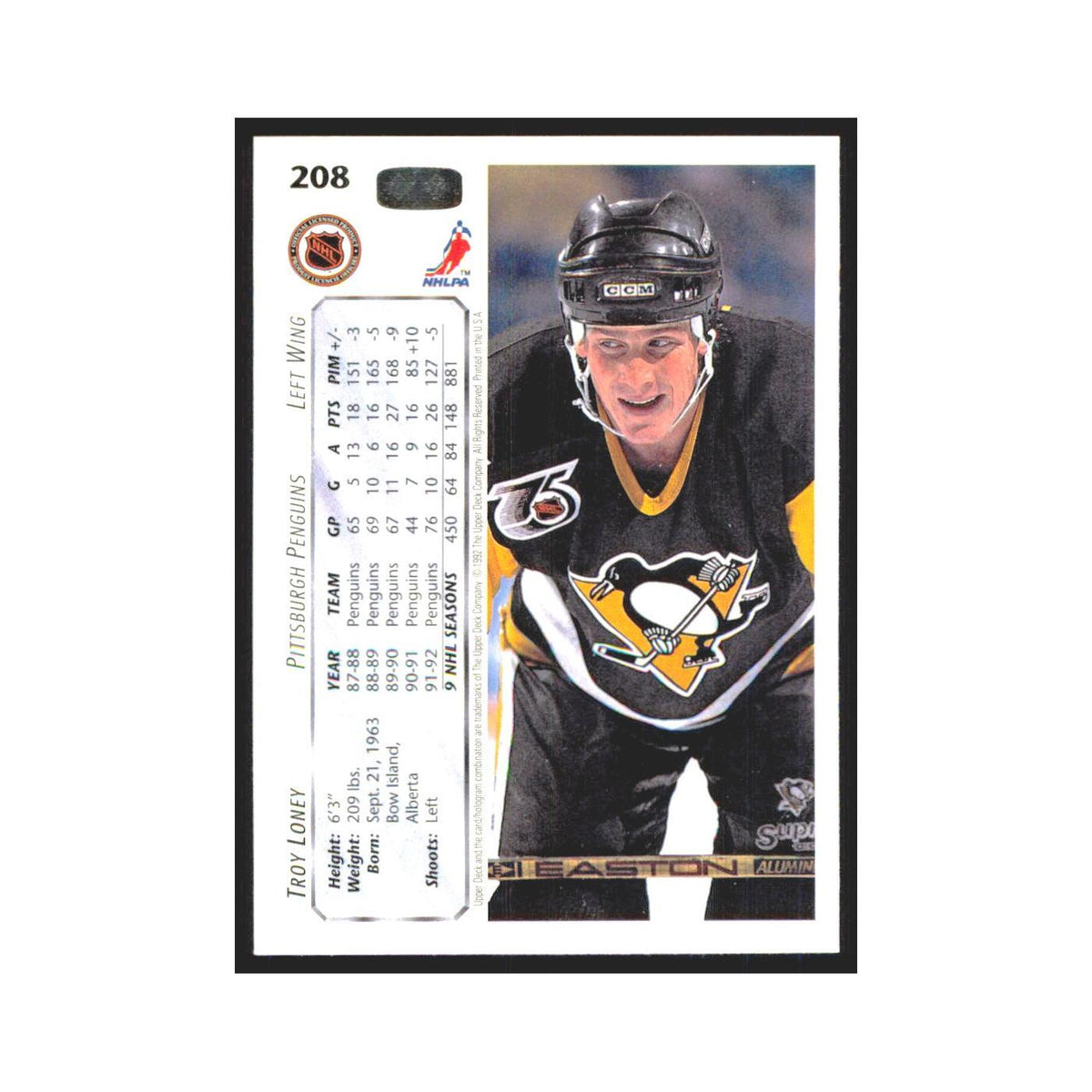 Troy Loney 1992 Upper Deck #208 Pittsburgh Penguins Hockey Card NM