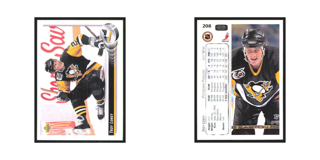 Troy Loney 1992 Upper Deck #208 Pittsburgh Penguins Hockey Card NM