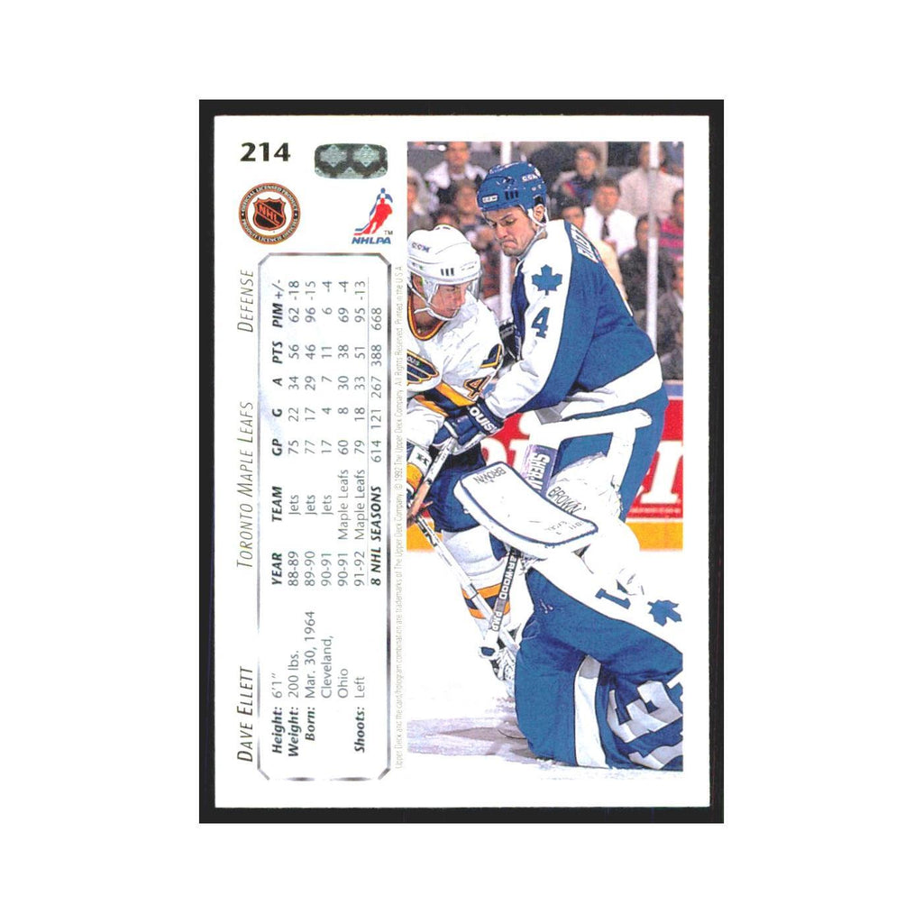 Dave Ellett 1992 Upper Deck #214 Toronto Maple Leafs Hockey Card NM