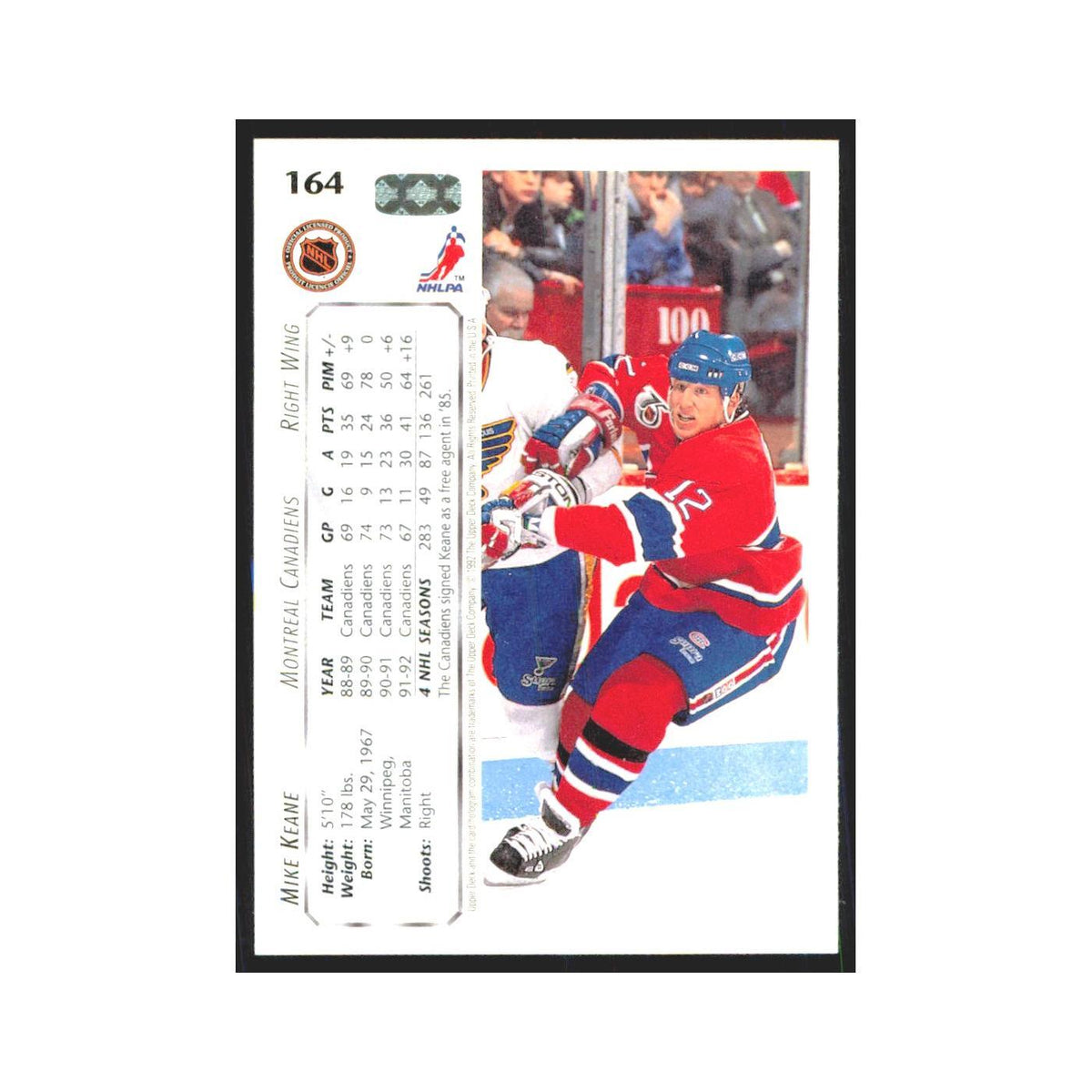 Mike Keane 1992 Upper Deck #164 Montreal Canadiens Hockey Card NM