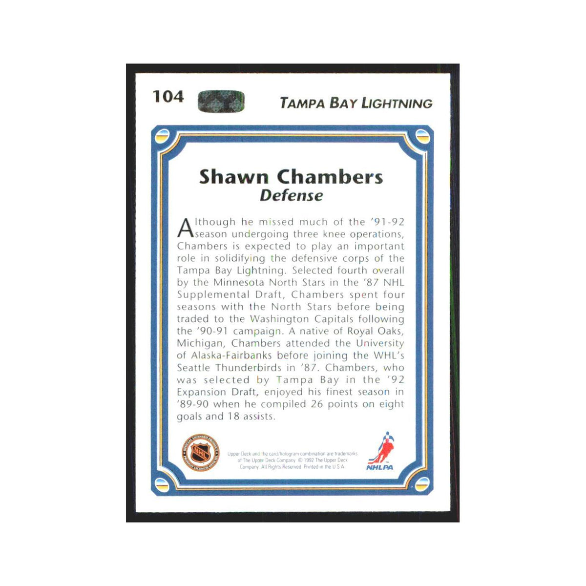 Shawn Chambers 1992 Upper Deck #104 Tampa Bay Lightning Hockey Card NM