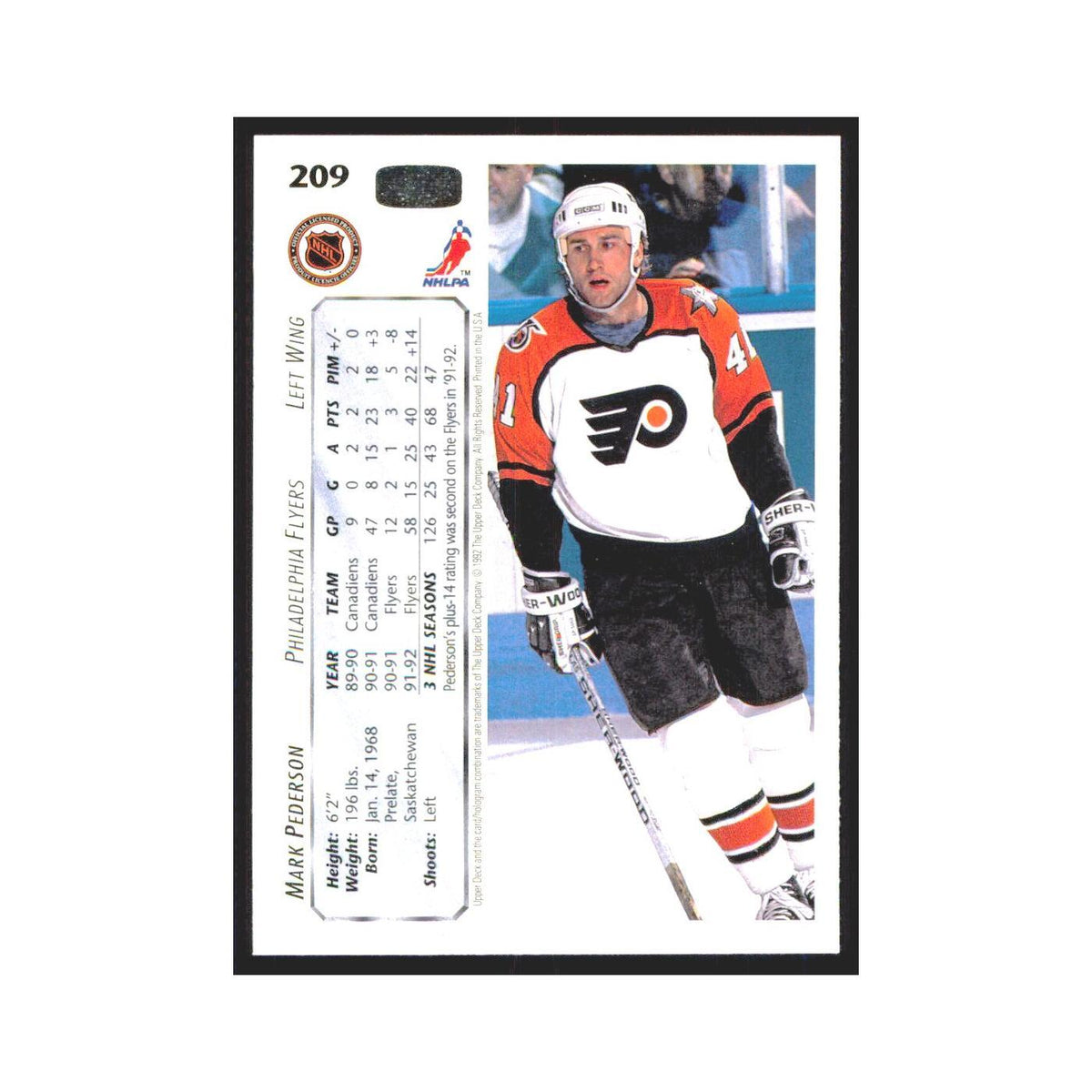 Mark Pederson 1992 Upper Deck #209 Philadelphia Flyers Hockey Card NM