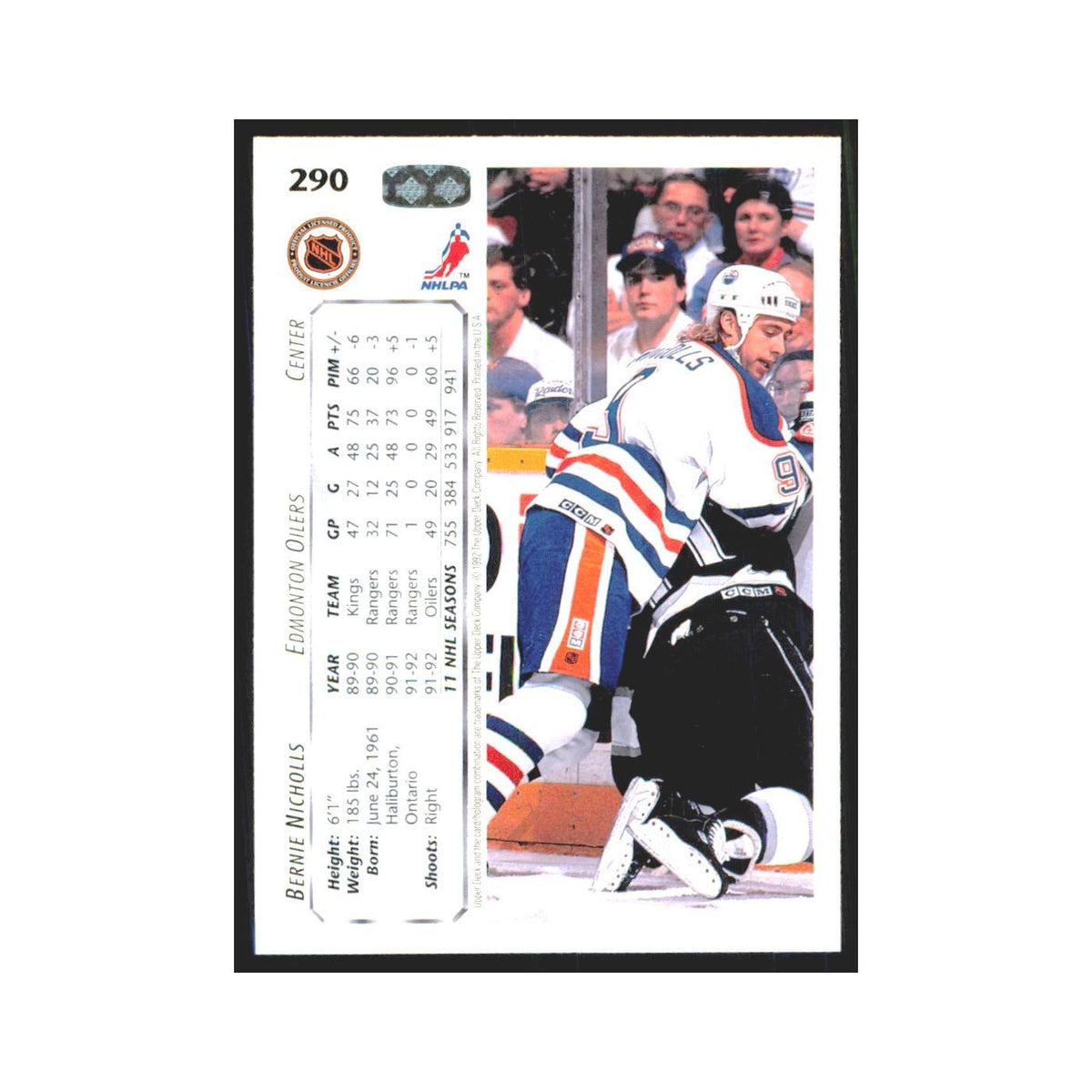 Bernie Nicholls 1992 Upper Deck #290 Edmonton Oilers Hockey Card NM