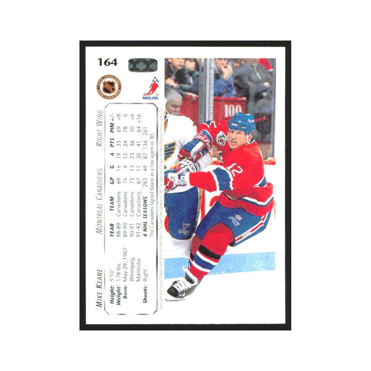 Mike Keane 1992 Upper Deck #164 Montreal Canadiens Hockey Card NM
